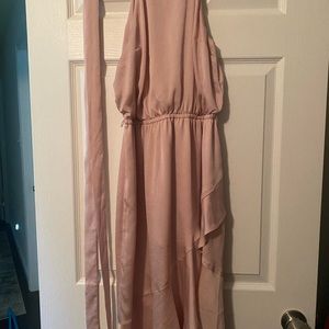 Light pink, high neck, wrap dress